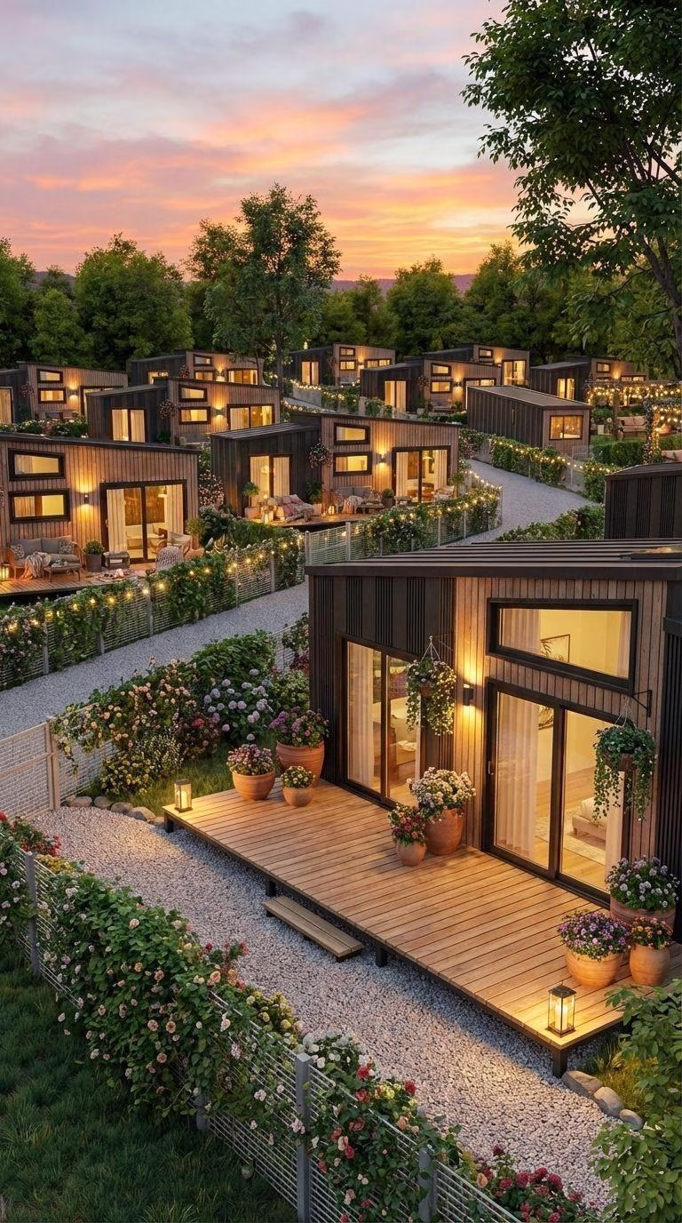 Gün batımının turuncu ve pembe tonları altında, kıvrılan çakıl yol boyunca sıralanan modern tiny house’ların sıcak dış aydınlatmalar ve bitki örtüsüyle oluşturduğu huzurlu ortamı gösteren CGI görüntüsü.